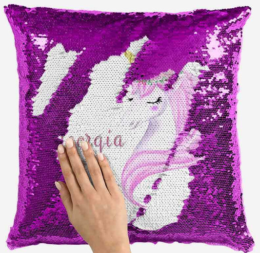 Personalised Unicorn Design Any Name Magic Reveal Pink Sequin Cushion Cover 1