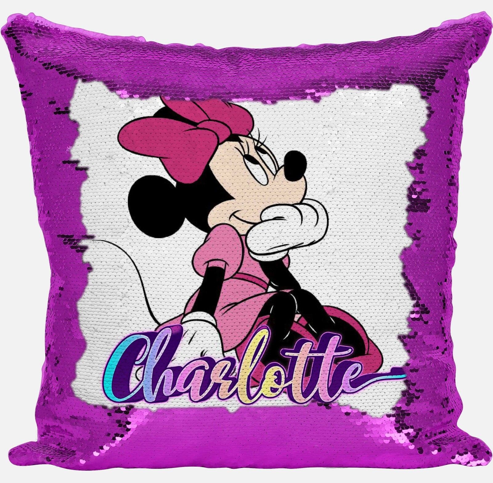 Personalised Minnie Any Name Magic Reveal Sequin Cushion Cover Gift Pink