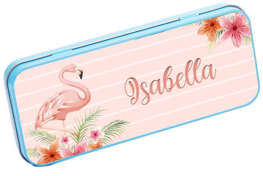 Personalised Any Name Flamingo Pencil Case Tin Children School Kid Stationary 17