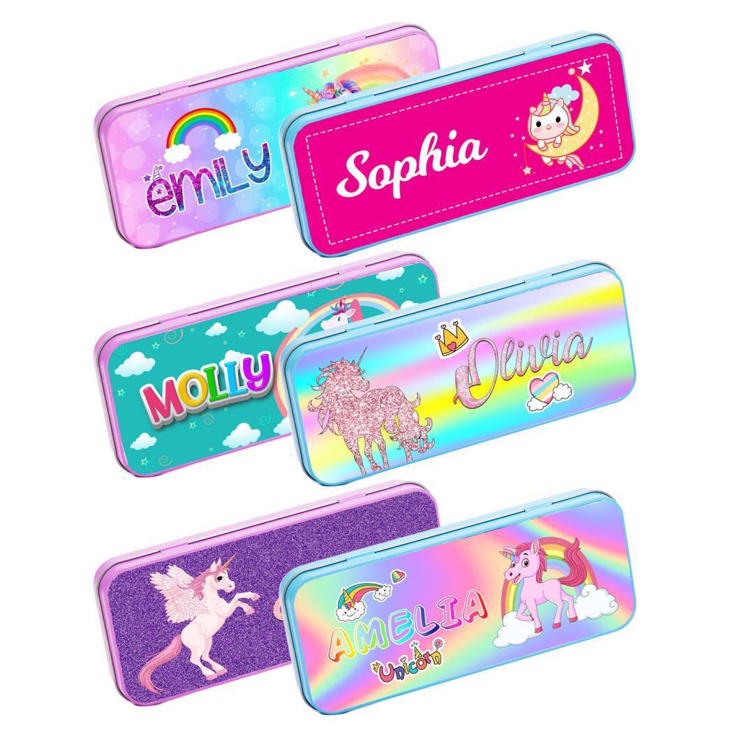 Personalised Any Name Unicorn Pencil Case Tin Children School Kids Stationary 27