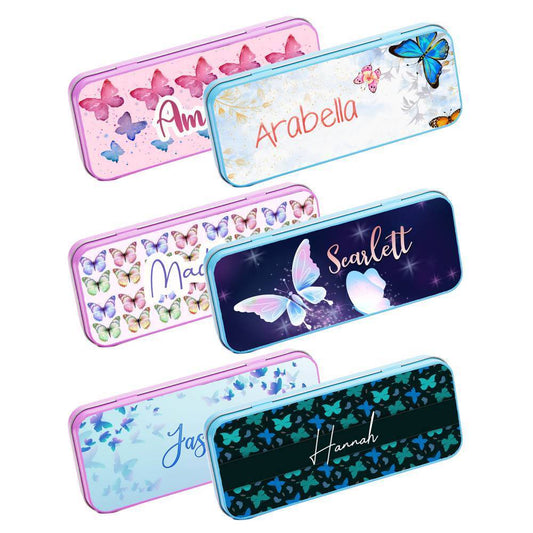 Personalised Any Name Butterfly Pencil Case Tin Children School Kid Stationary 9