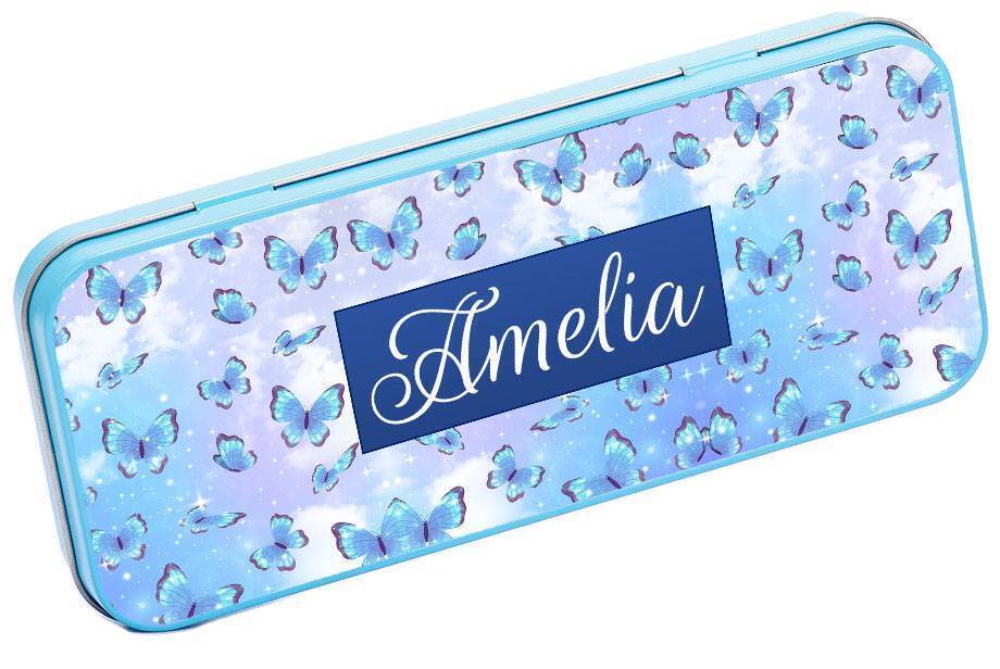 Personalised Any Name Butterfly Pencil Case Tin School Kids Stationary 17