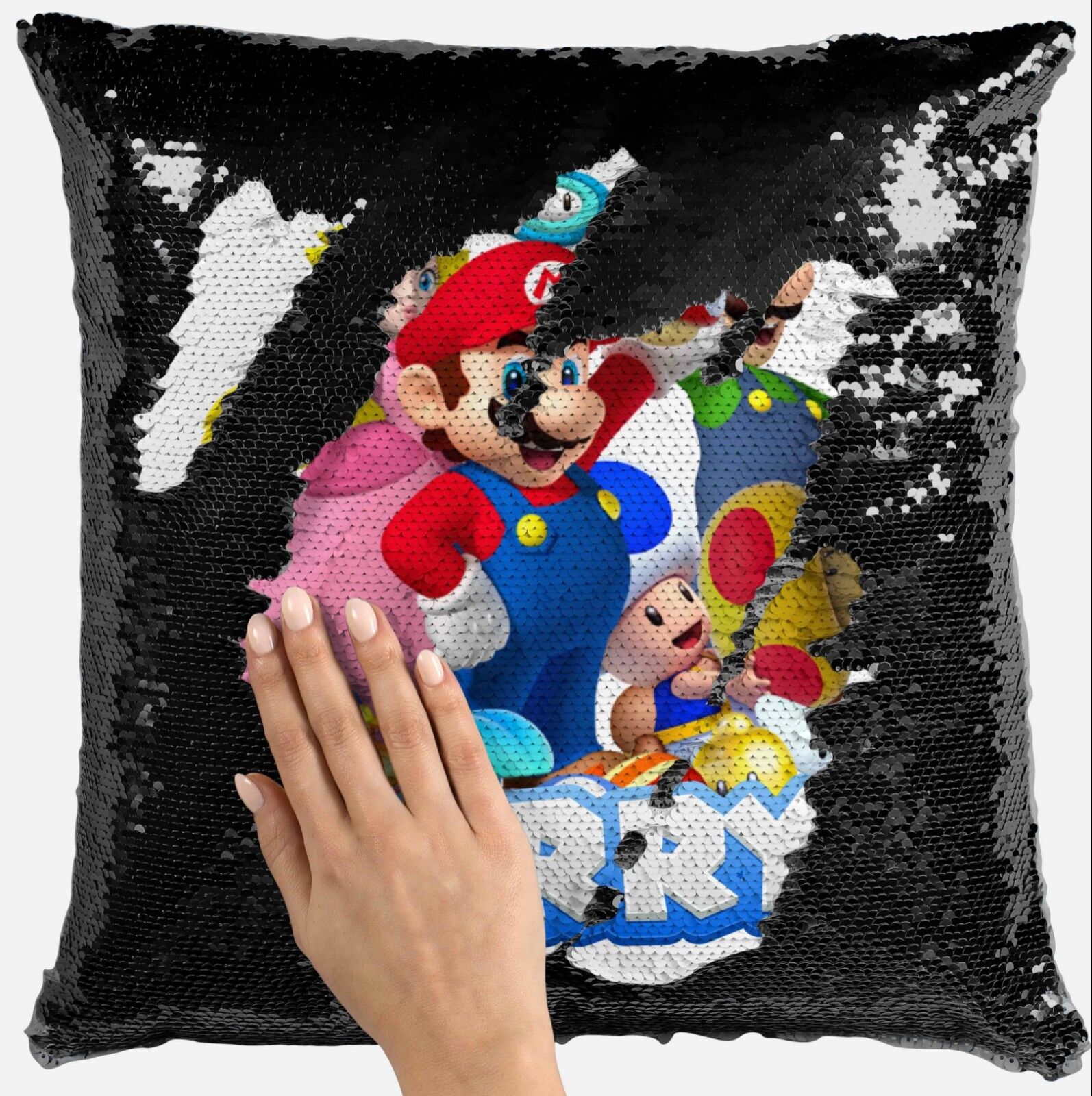 Personalised Super Mario Any Name Magic Reveal Black Sequin Cushion Cover Gift