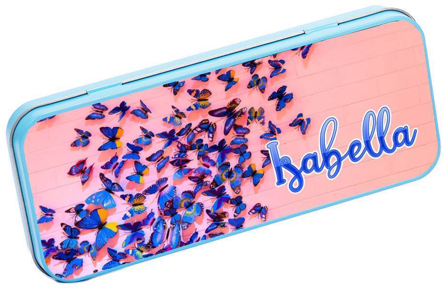 Personalised Any Name Butterfly Pencil Case Tin School Kids Stationary 17