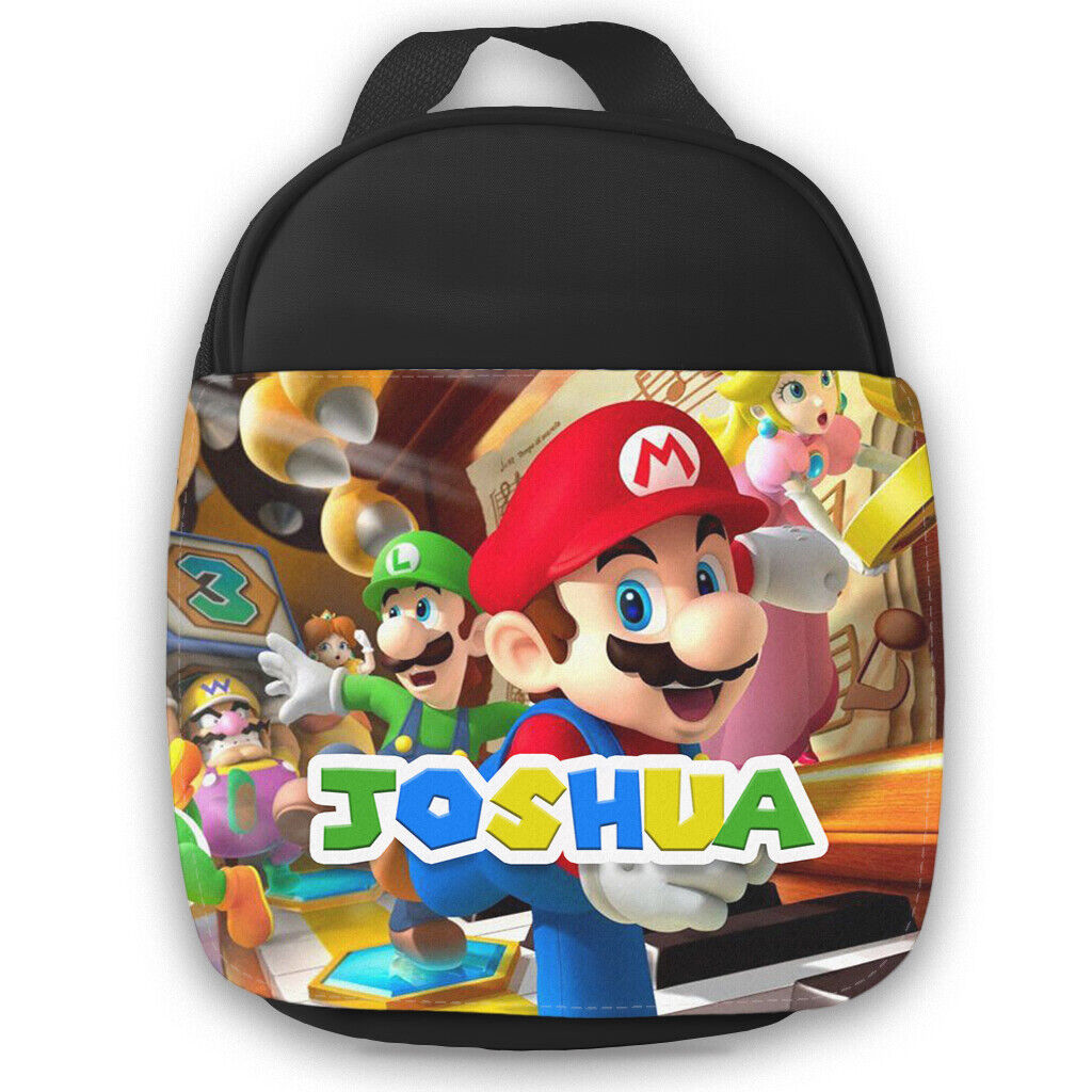 Personalised Mario Kids Black Lunch Bag Any Name Children School Snack Box 21