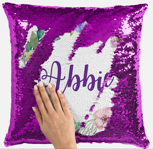 Personalised Floral Any Name Magic Reveal Sequin Cushion Cover Gift Pink 1