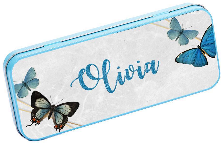 Personalised Any Name Butterfly Pencil Case Tin School Kids Stationary 17