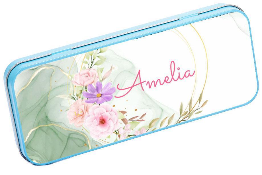 Personalised Any Name Floral Pencil Case Tin Children School Kids Stationary 20