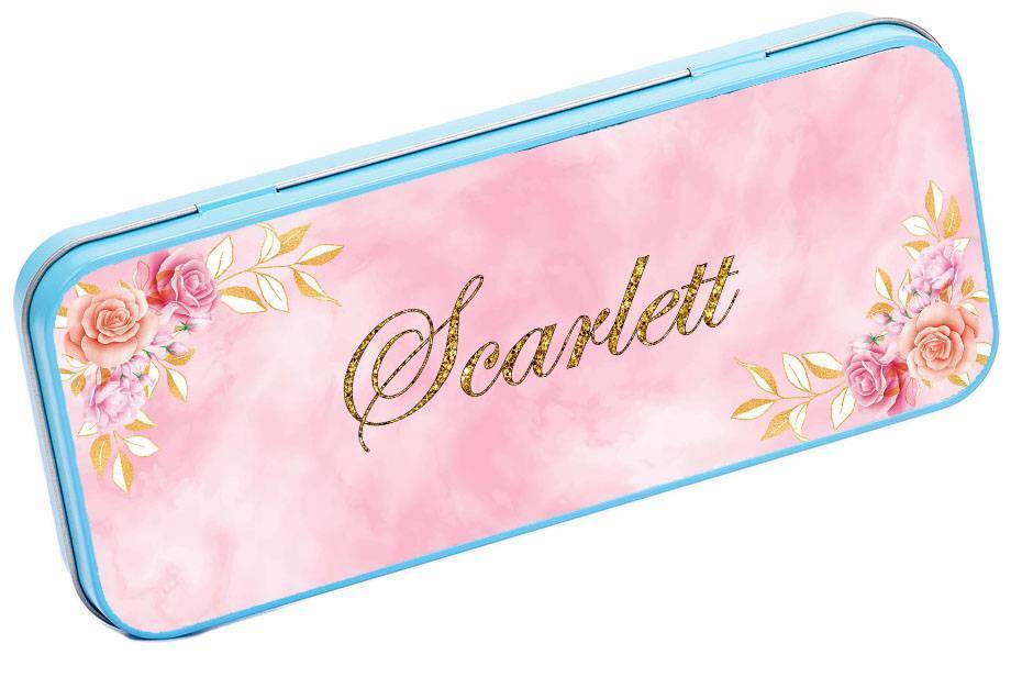 Personalised Any Name Floral Pencil Case Tin Children School Kids Stationary 25