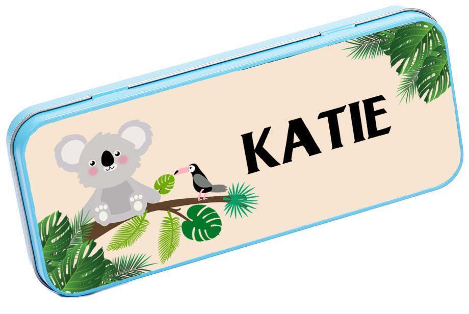 Personalised Any Name Koala Pencil Case Tin Children School Kids Stationary 21