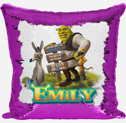 Personalised Shrek Any Name Magic Reveal Pink Sequin Cushion Cover Gift 