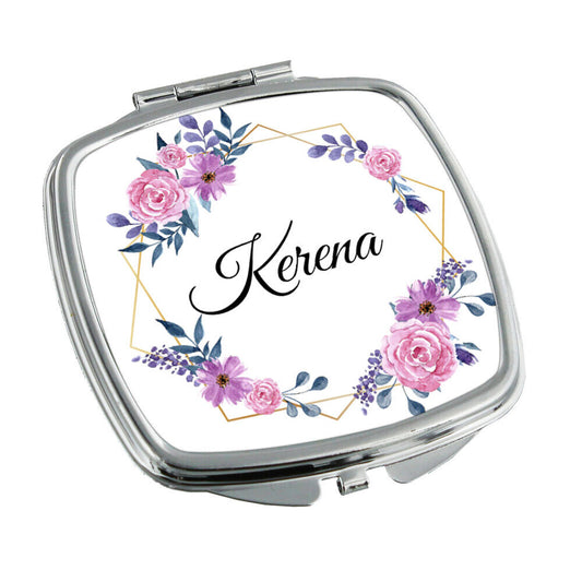 Personalised Any Name Floral Design Square Pocket Folding Mirror Travel 1