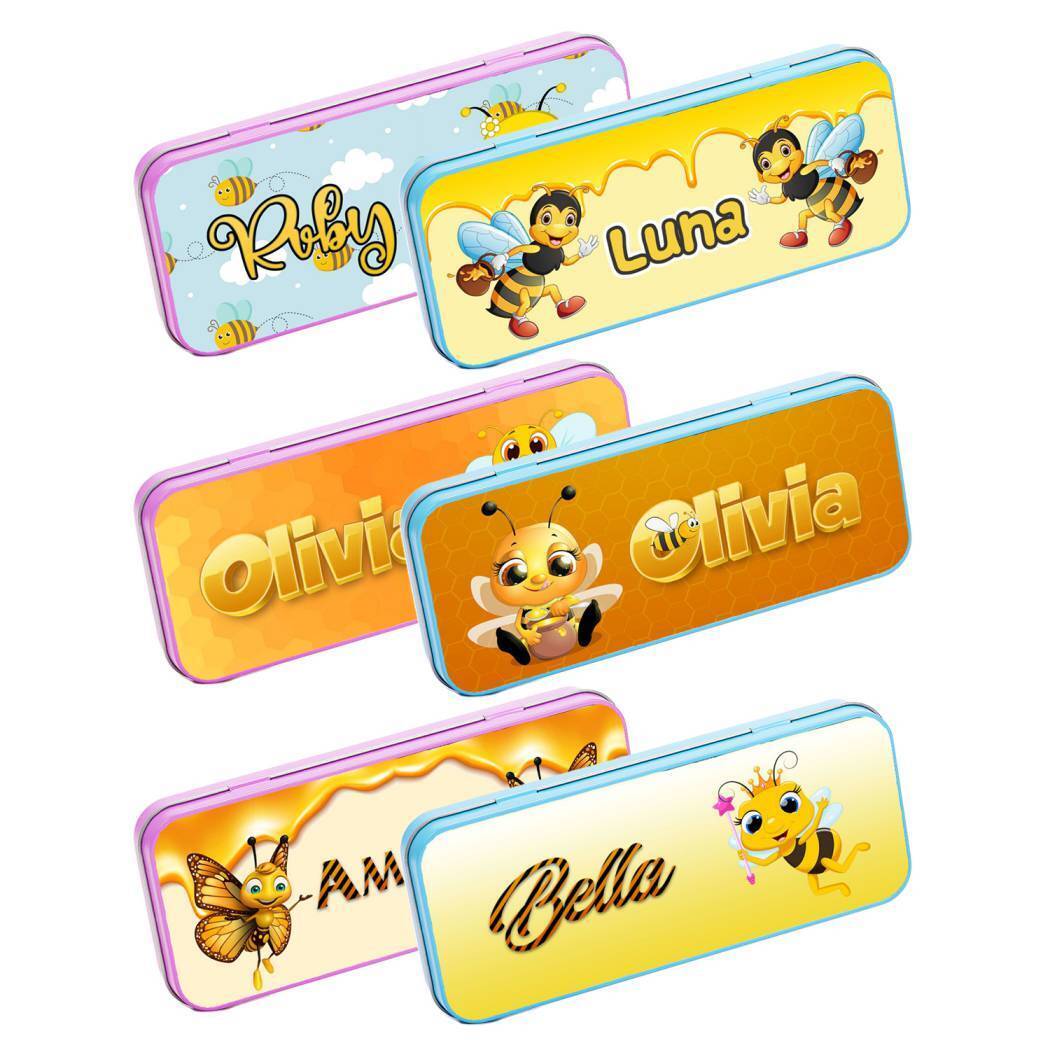 Personalised Any Name Bee Pencil Case Tin Children School Kids Stationary 28