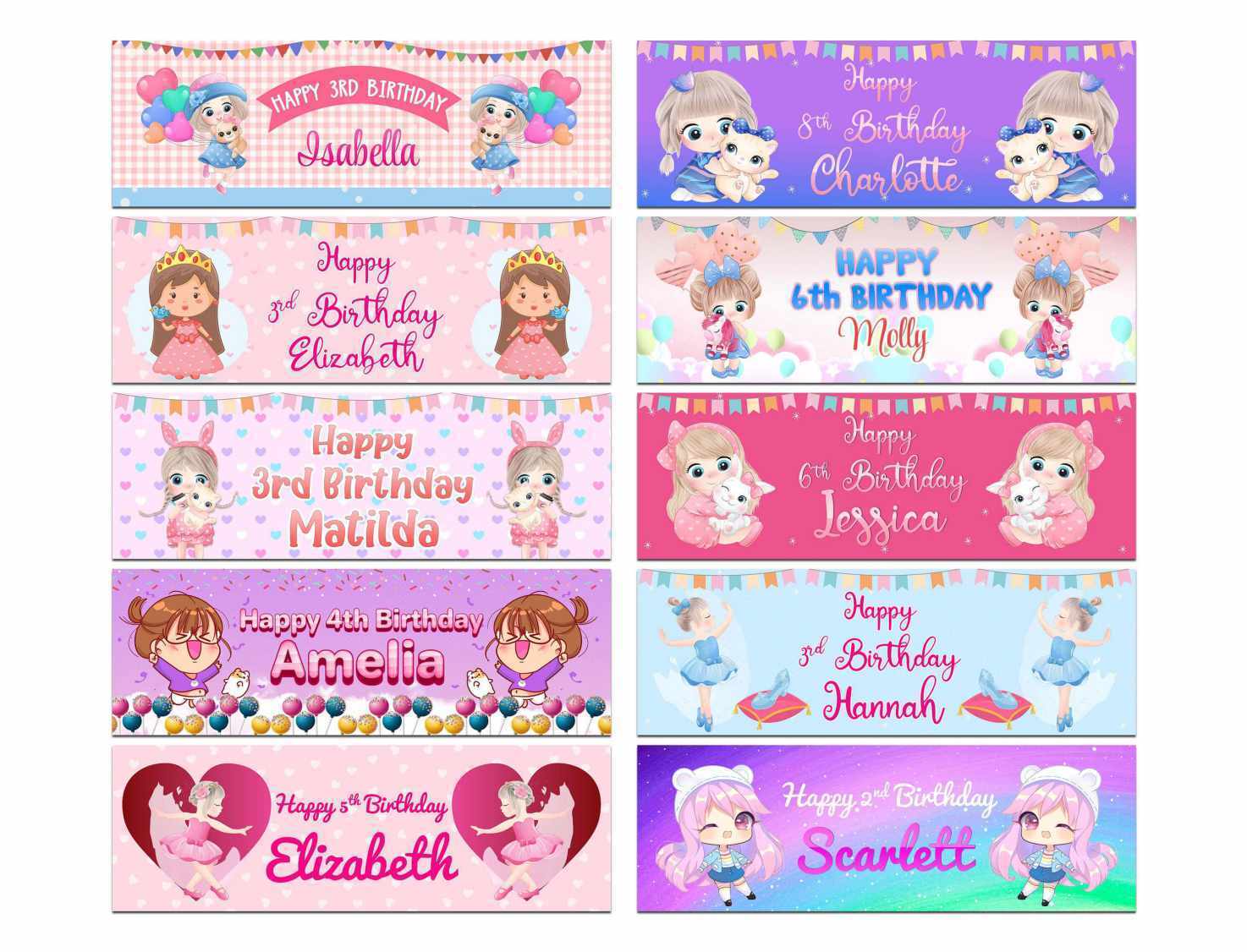 Personalised Birthday Banners Doll Design Children Kids Party Decoration 110