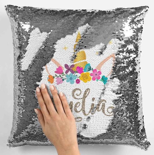 Personalised Unicorn Any Name Magic Reveal Silver Sequin Cushion Cover Gift 