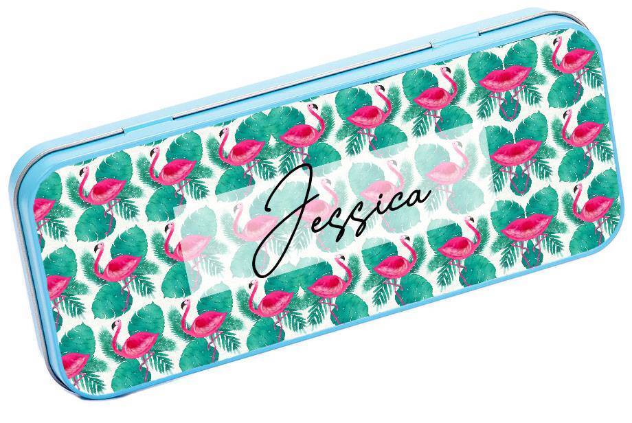 Personalised Any Name Flamingo Pencil Case Tin Children School Kid Stationary 17