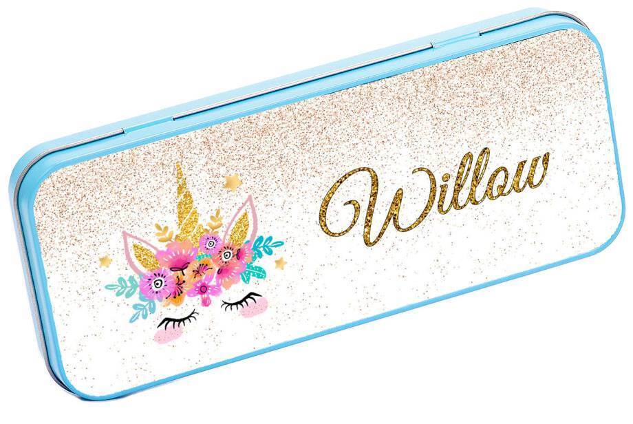 Personalised Any Name Unicorn Pencil Case Tin Children School Kids Stationary 31