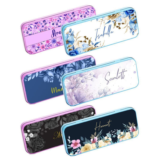 Personalised Any Name Floral Pencil Case Tin Children School Kids Stationary 13
