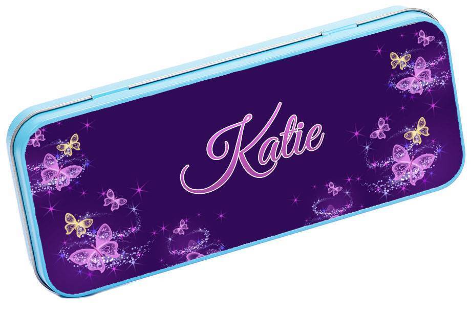 Personalised Any Name Butterfly Pencil Case Tin School Kids Stationary 17