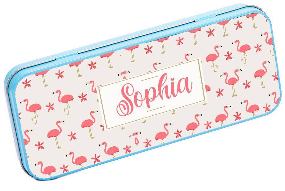 Personalised Any Name Flamingo Pencil Case Tin Children School Kid Stationary 17