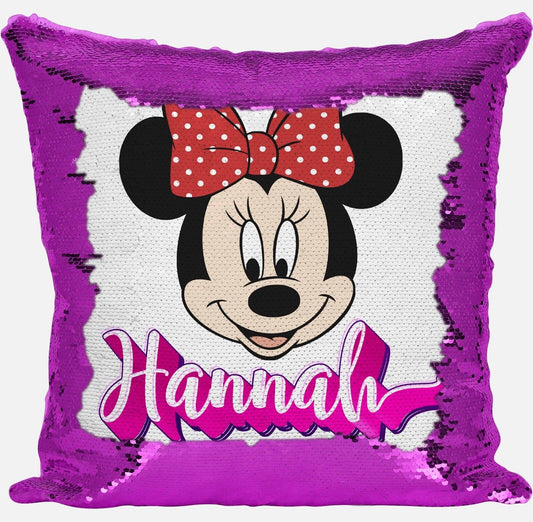 Personalised Minnie Any Name Magic Reveal Sequin Cushion Cover Gift Pink 1