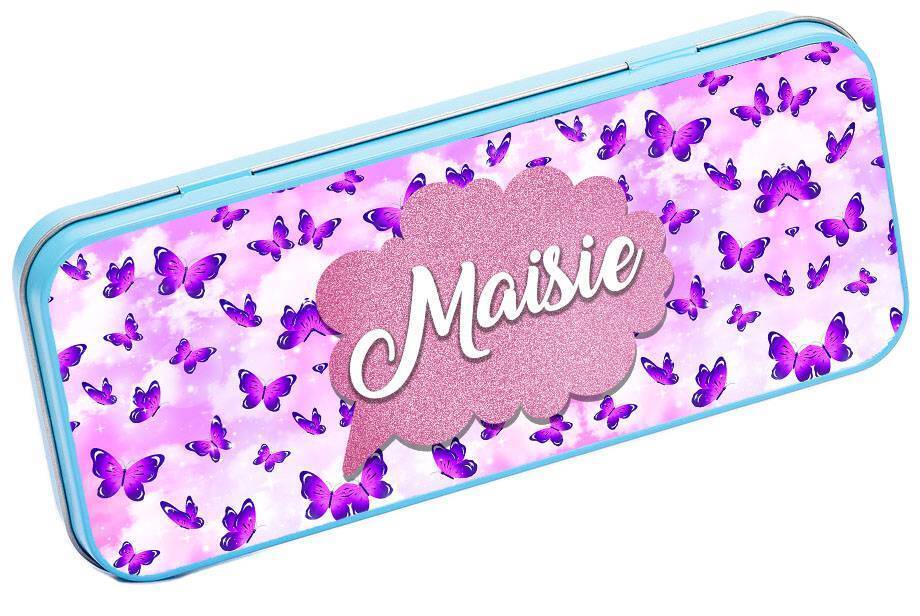 Personalised Any Name Butterfly Pencil Case Tin Children School Kid Stationary 9