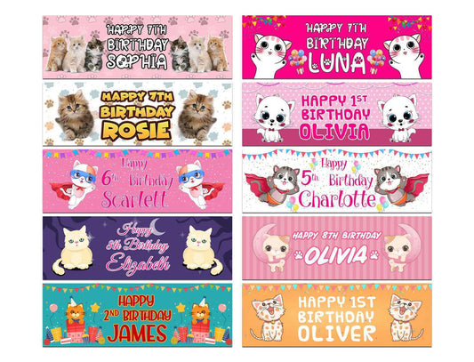 Personalised Birthday Banners Cat Design Children Kids Party Decoration 100