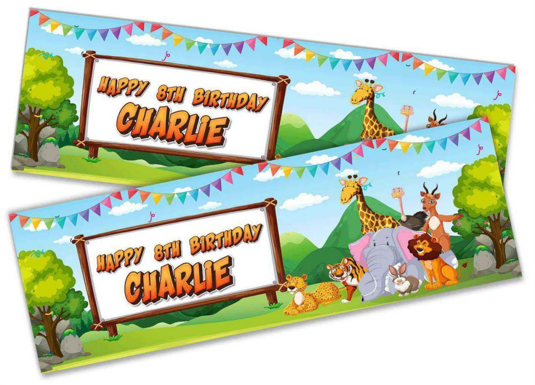 Personalised Birthday Banners Jungle Design Children Kids Party Decoration 81