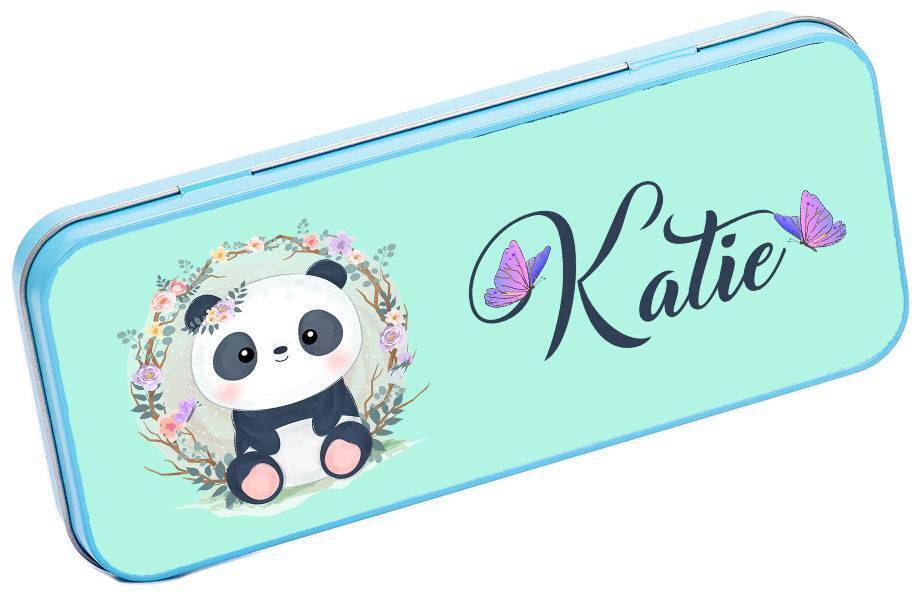 Personalised Any Name Panda Pencil Case Tin Children School Kids Stationary 19