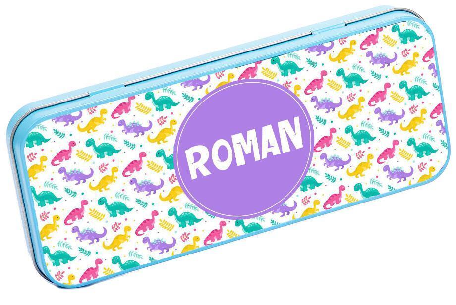 Personalised Any Name Dinosaur Pencil Case Tin Children School Kids Stationary 7