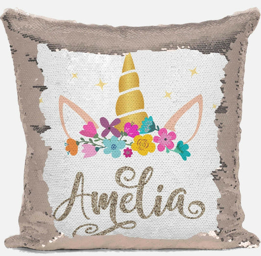 Personalised Unicorn Any Name Magic Reveal Gold Sequin Cushion Cover Gift 