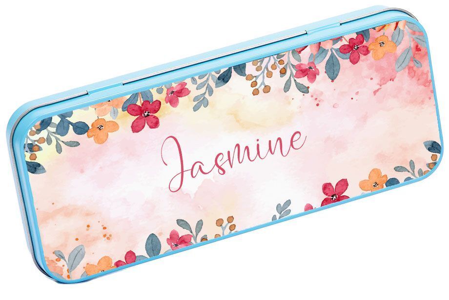 Personalised Any Name Floral Pencil Case Tin Children School Kids Stationary 13