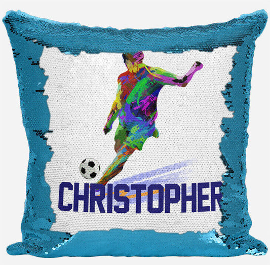Personalised Football Design Any Name Magic Reveal Blue Sequin Cushion Cover 7