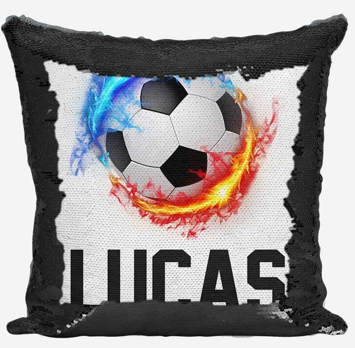 Personalised Football Design Any Name Magic Reveal Black Sequin Cushion Cover 19