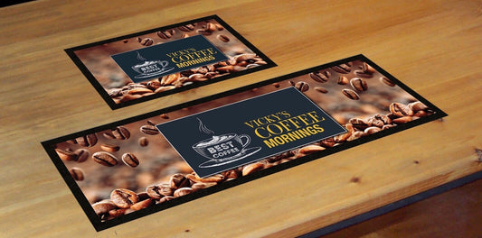 PERSONALISED COFFEE MORNINGS MAT LABEL BAR RUNNER IDEAL HOME PUB CAFE OCCASION