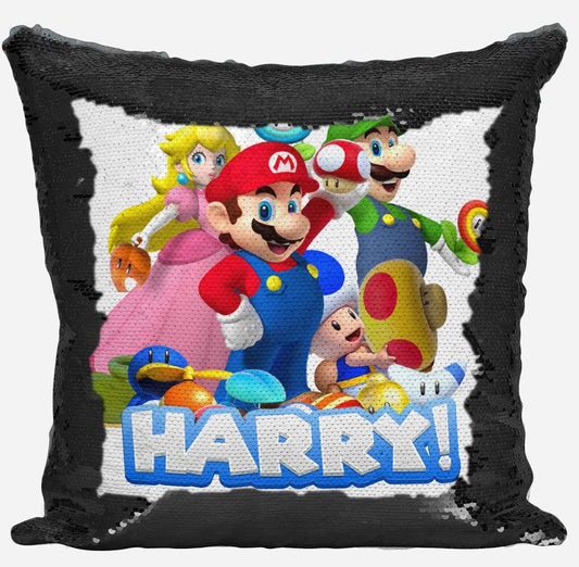 Personalised Super Mario Any Name Magic Reveal Black Sequin Cushion Cover Gift