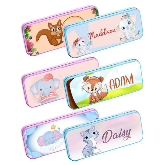 Personalised Any Name Animal Pencil Case Tin Children School Kids Stationary 16