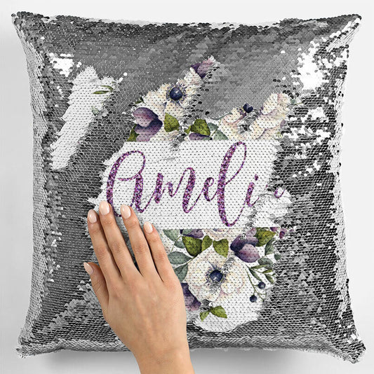 Personalised Floral Design Any Name Magic Reveal Silver Sequin Cushion Cover 27
