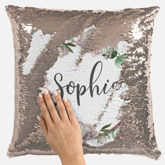 Personalised Floral Any Name Magic Reveal Gold Sequin Cushion Cover Gift 1
