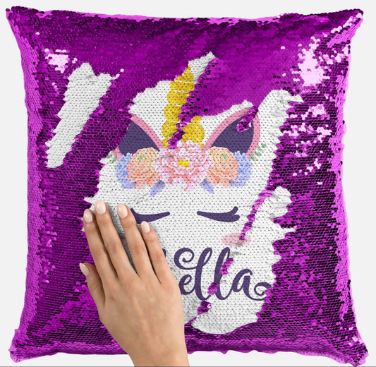 Personalised Unicorn Any Name Magic Reveal Sequin Cushion Cover Gift Pink 8