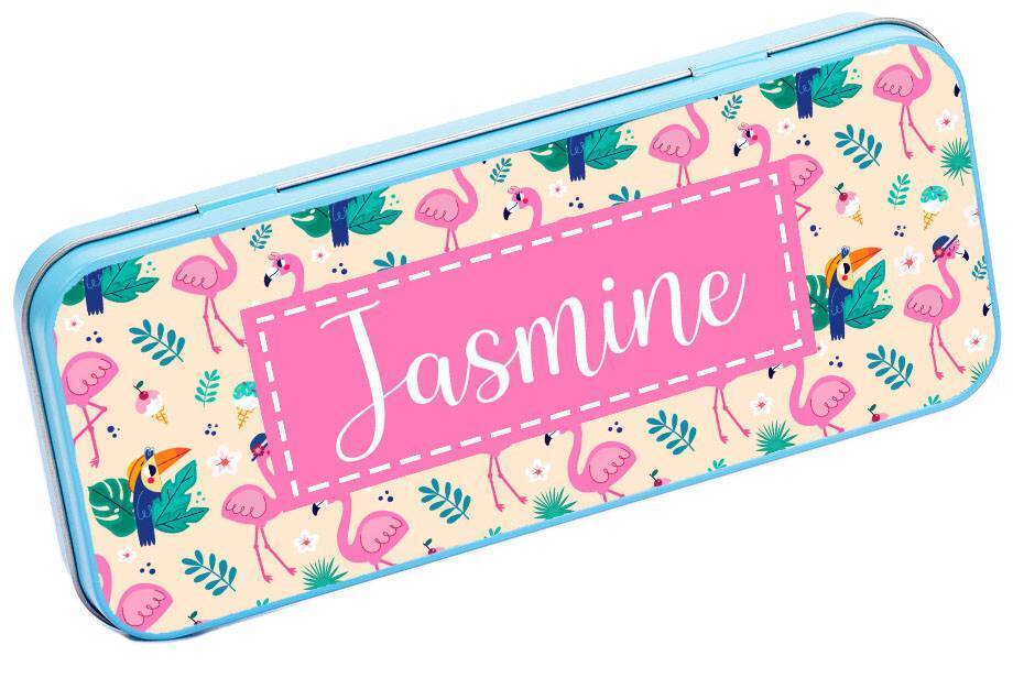 Personalised Any Name Flamingo Pencil Case Tin Children School Kid Stationary 17