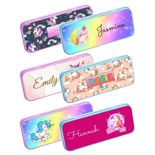 Personalised Any Name Unicorn Pencil Case Tin Children School Kids Stationary 31