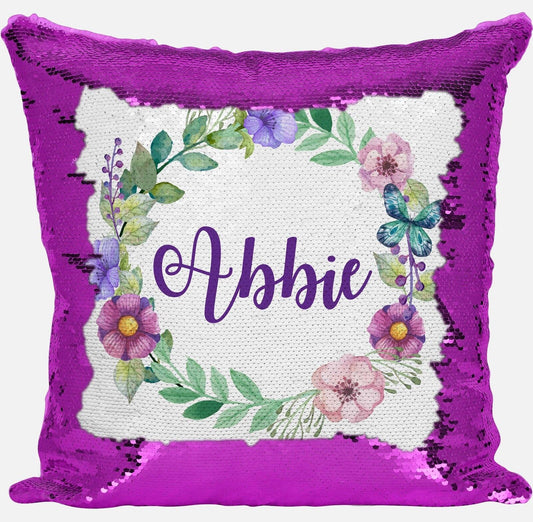Personalised Floral Any Name Magic Reveal Sequin Cushion Cover Gift Pink 1