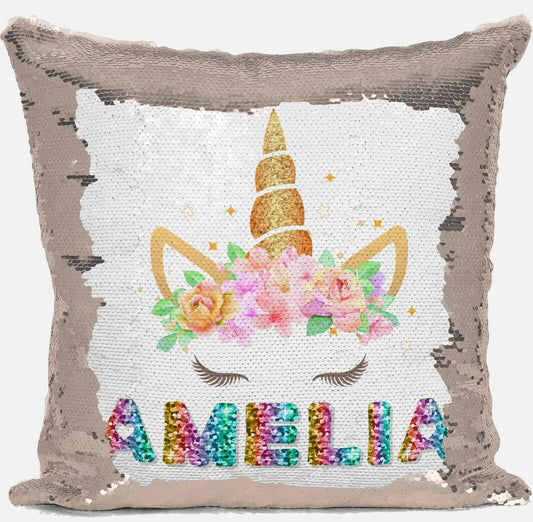 Personalised Unicorn Any Name Magic Reveal Gold Sequin Cushion Cover Gift 3