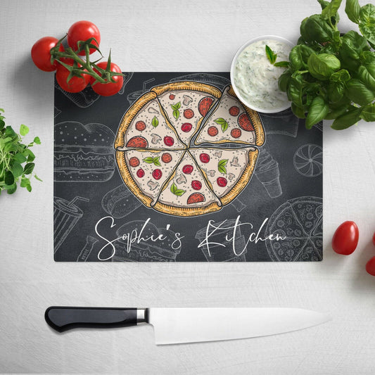 Personalised Any Name Black Pizza Design Kitchen Glass Chopping Board Item Gift