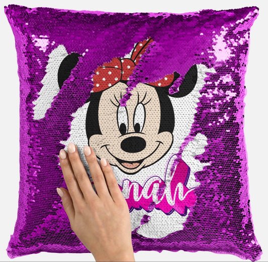 Personalised Minnie Any Name Magic Reveal Sequin Cushion Cover Gift Pink 1