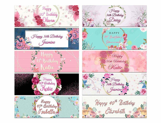 Personalised Birthday Banners Floral Design Kids adult Party Decoration 85