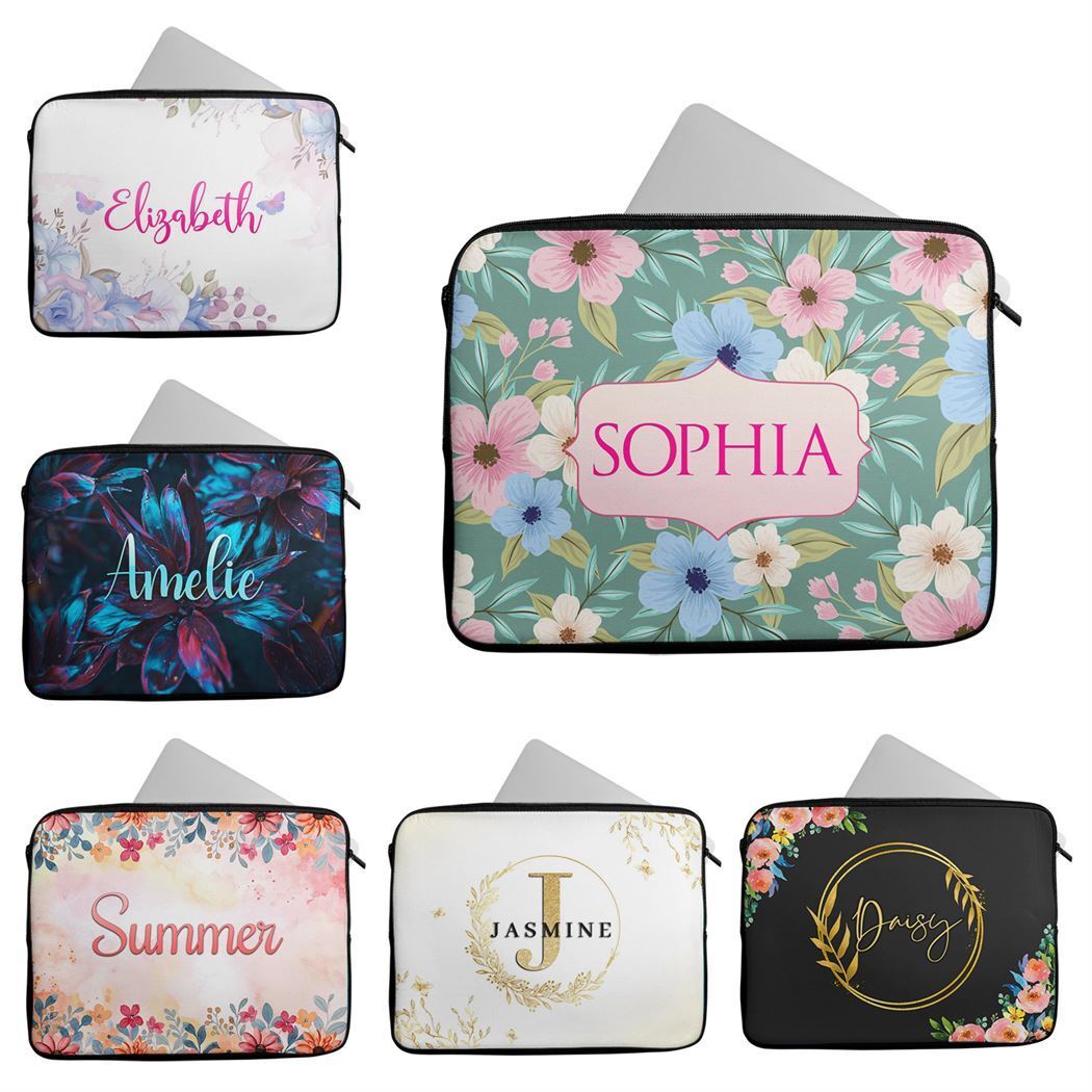 Personalised Any Name Floral Design Laptop Case Sleeve Tablet Bag 54