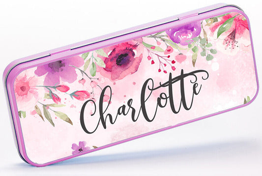 Personalised Any Name Floral Pencil Case Tin Girls School Kids Stationary 1