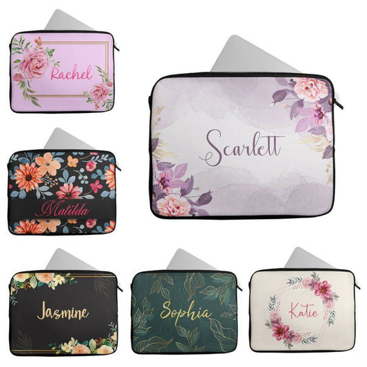 Personalised Any Name Floral Design Laptop Case Sleeve Tablet Bag 39
